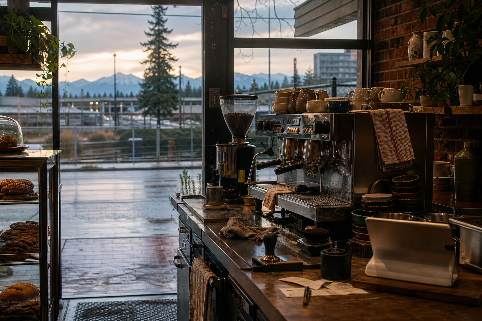 Independent Lynnwood coffee shop interior with fog-filtered morning light, pastry case in the corner