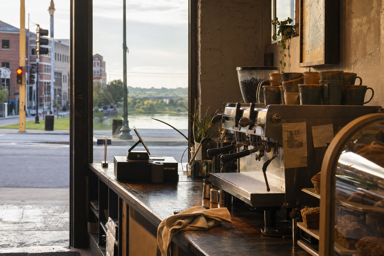Independent Macon coffee shop interior with red-clay morning light, chemex pour-over in the foreground