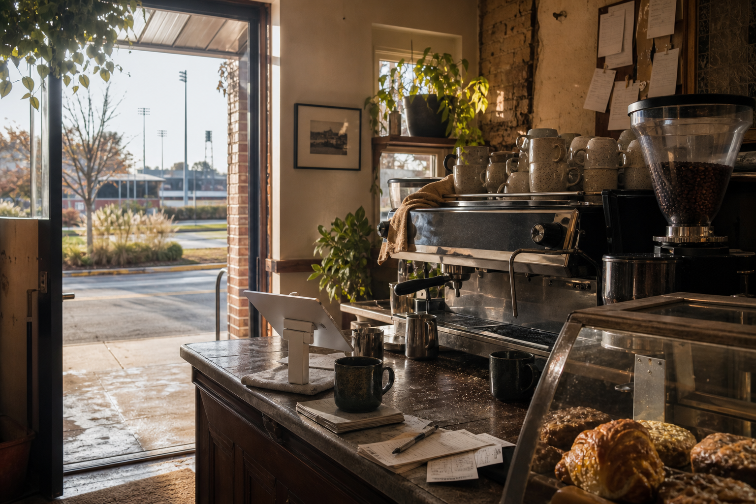 Independent Madison coffee shop interior with humid Southern morning light, chemex pour-over in the middle distance