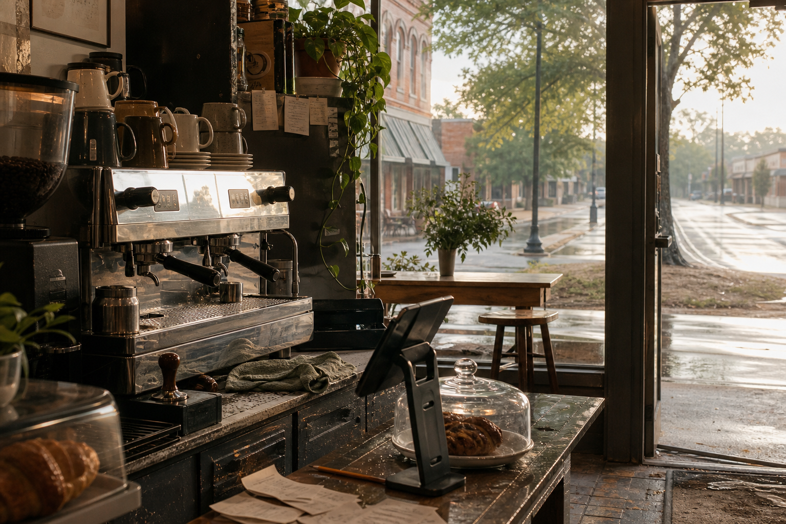 Independent Madison coffee shop interior with humid Southern morning light, chemex pour-over in the foreground