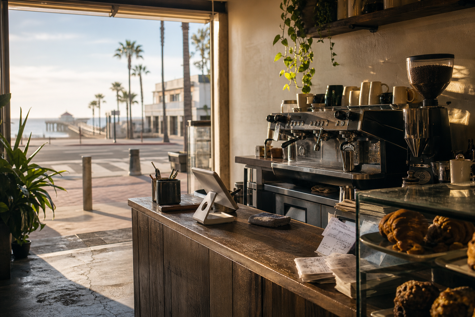 Independent Manhattan Beach coffee shop interior with Pacific morning light, espresso machine in the middle distance