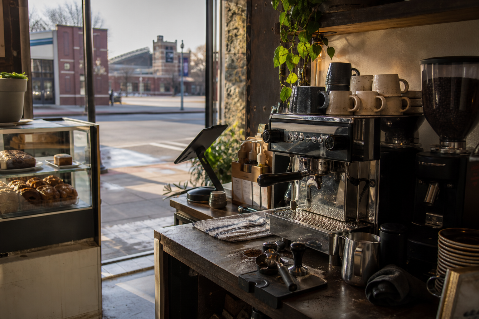 Independent Manhattan coffee shop interior with prairie morning light, drip station in the corner