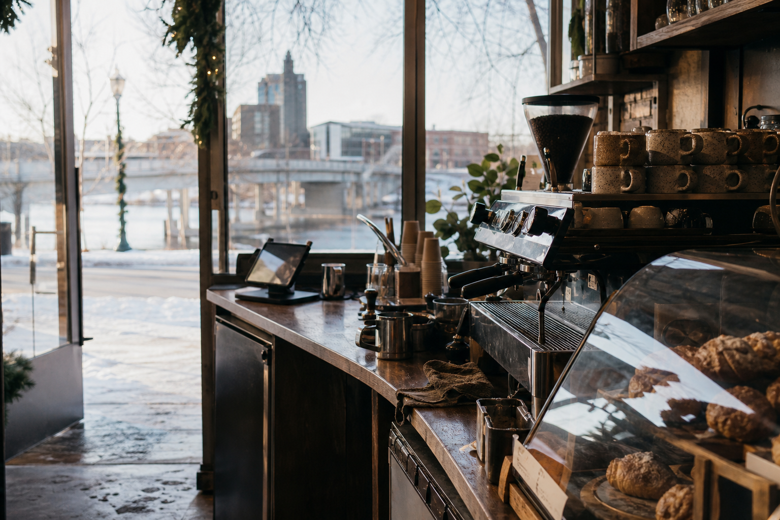 Independent Mankato coffee shop interior with Midwest hardwood morning light, espresso machine in the foreground