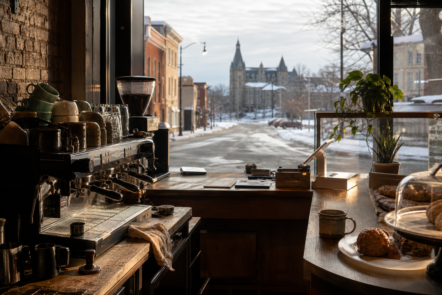 Independent Mansfield coffee shop interior with Midwest hardwood morning light, chemex pour-over in the middle distance