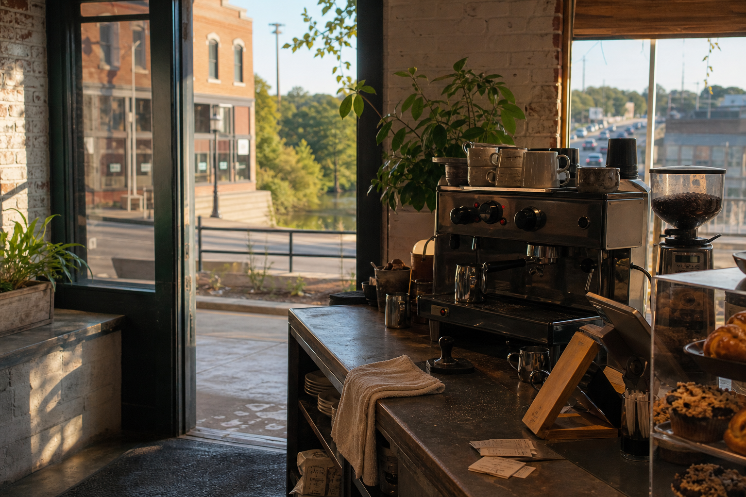 Independent Mansfield coffee shop interior with Hill Country morning light, drip station in the foreground
