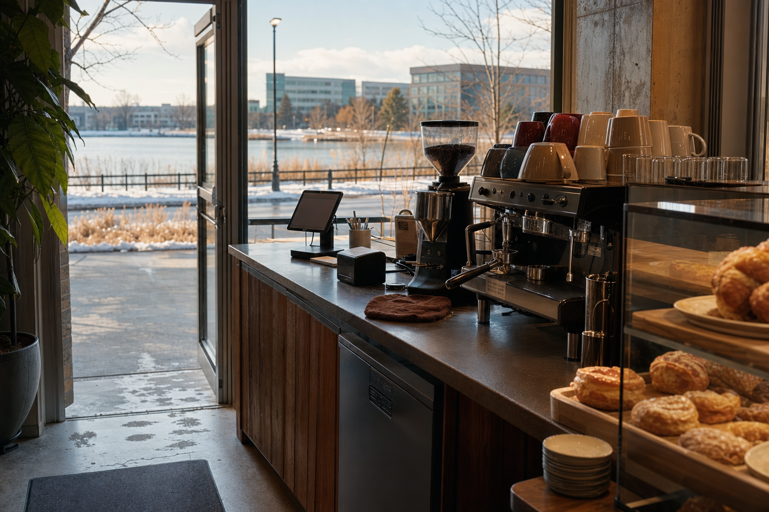 Maple Grove coffee shop interior with MN morning light around the espresso bar.