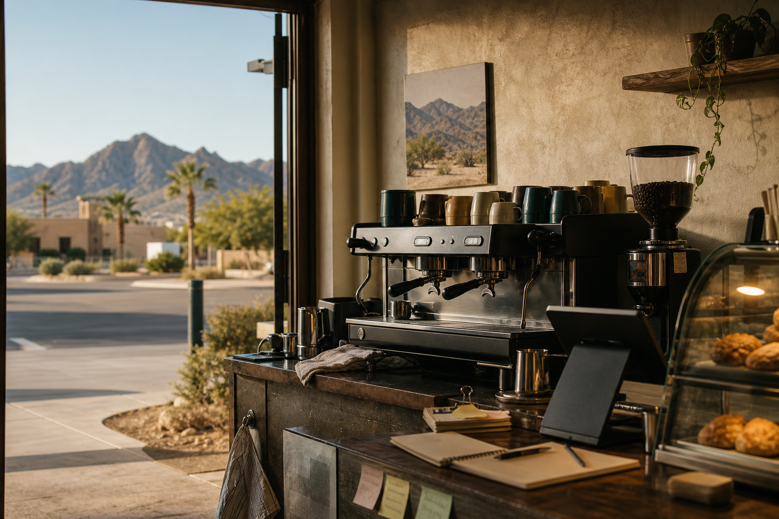 Independent Marana coffee shop interior with warm desert morning light, drip station in the corner