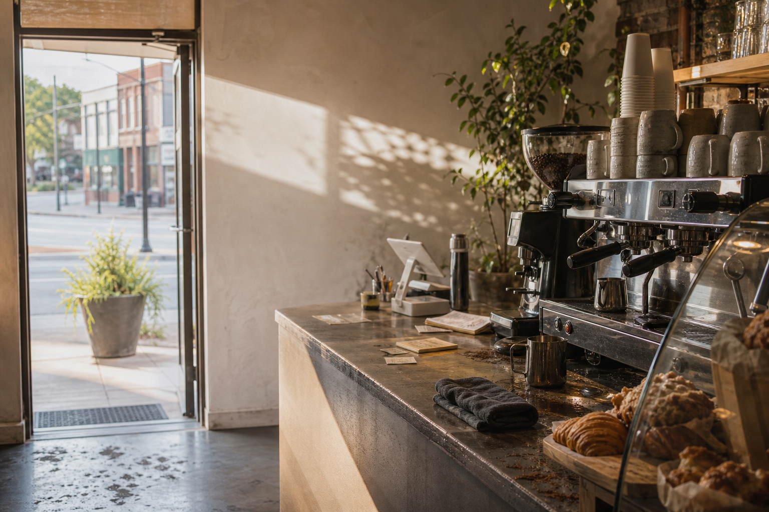 Independent Marion coffee shop interior with Midwest hardwood morning light, chemex pour-over in the middle distance