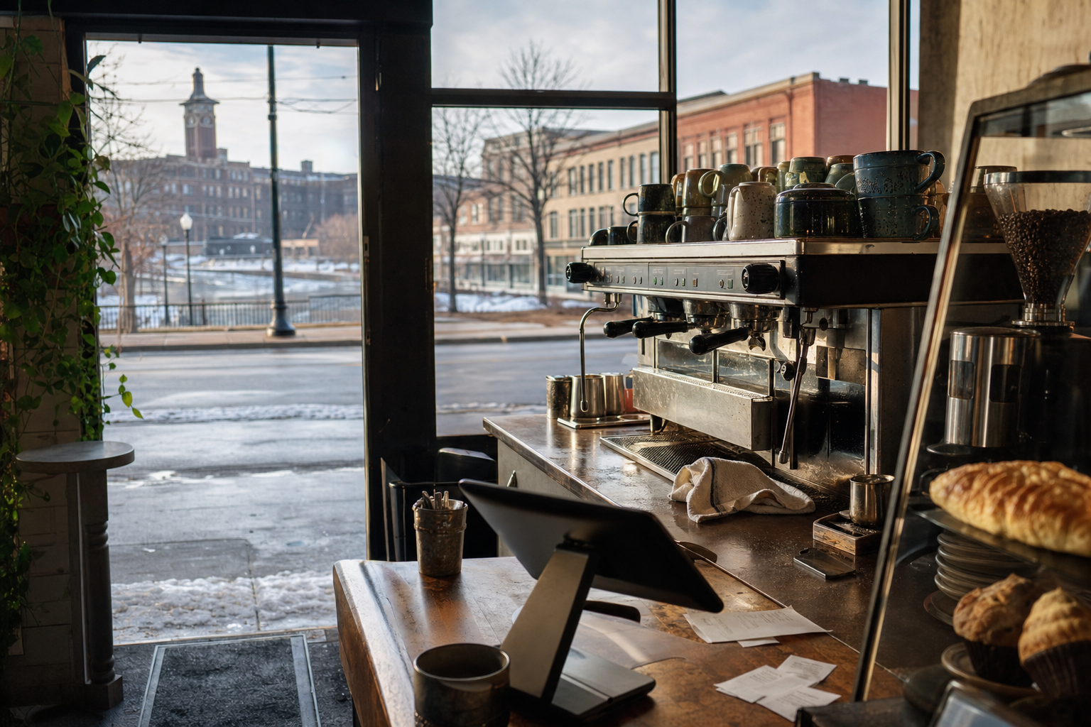Independent Marshalltown coffee shop interior with Midwest hardwood morning light, drip station in the foreground