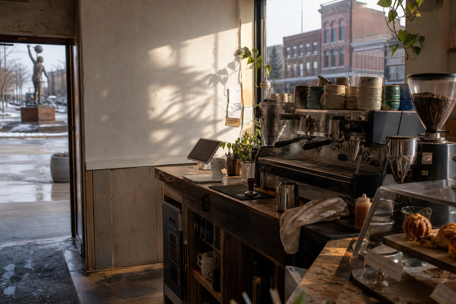 Independent Mason City coffee shop interior with Midwest hardwood morning light, drip station in the middle distance