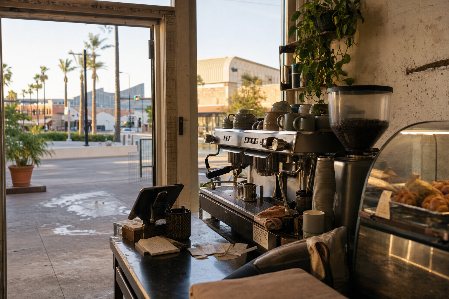 Independent Mcallen coffee shop interior with Hill Country morning light, chemex pour-over in the foreground