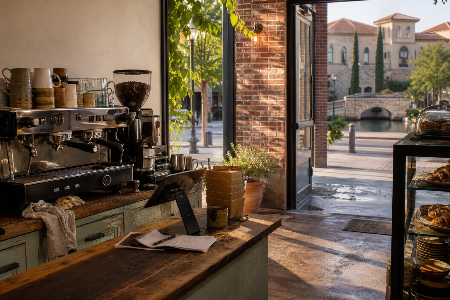 Independent Mckinney coffee shop interior with Hill Country morning light, espresso machine in the corner