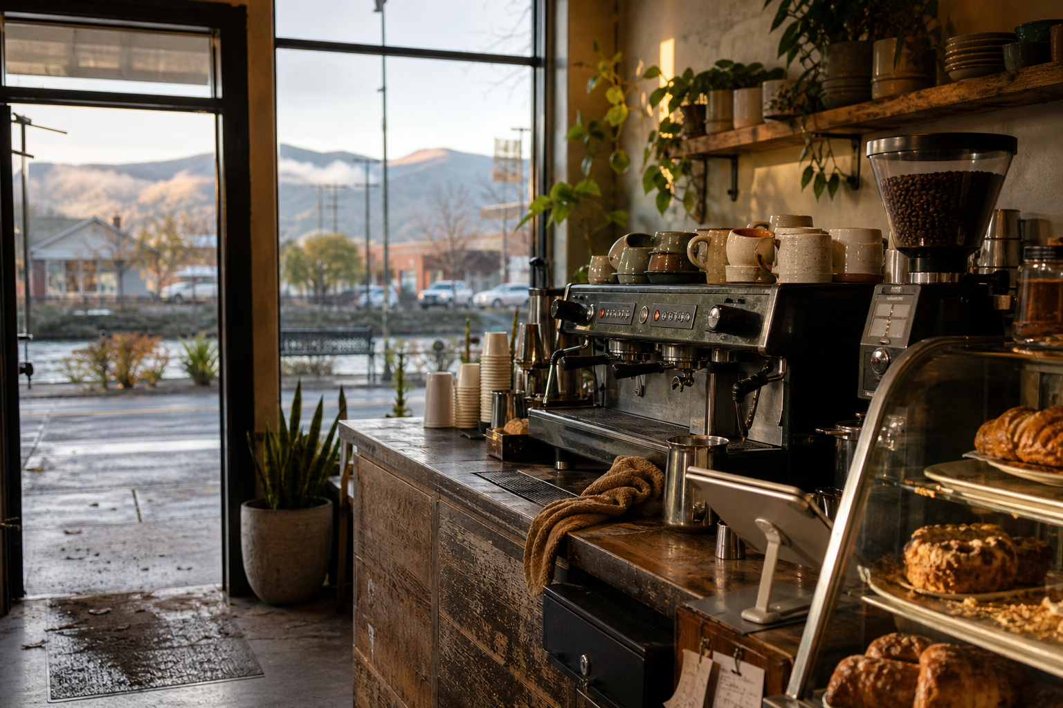 Independent Medford coffee shop interior with fog-filtered morning light, espresso machine in the corner