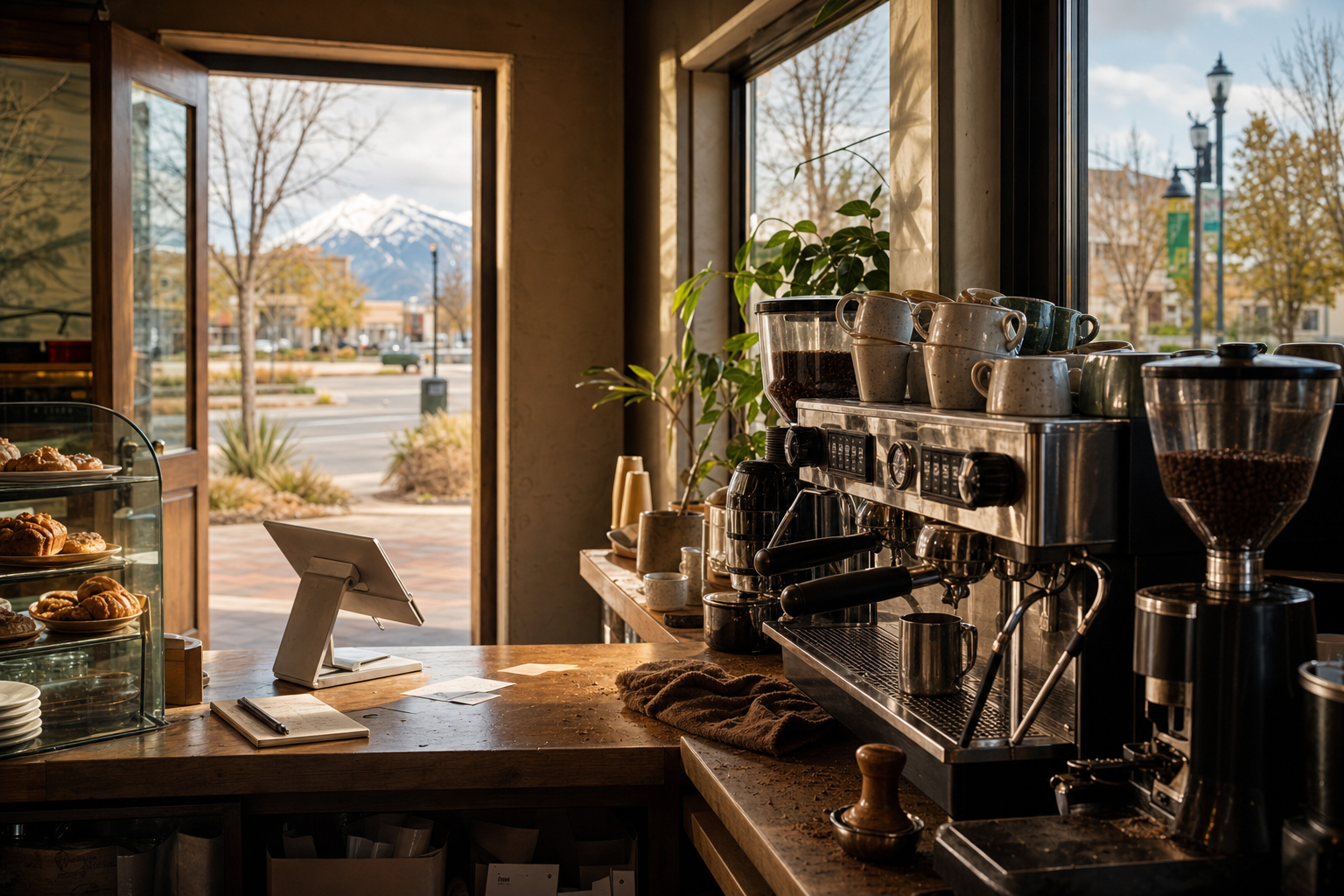 Independent Meridian coffee shop interior with high-desert morning light, espresso machine in the foreground