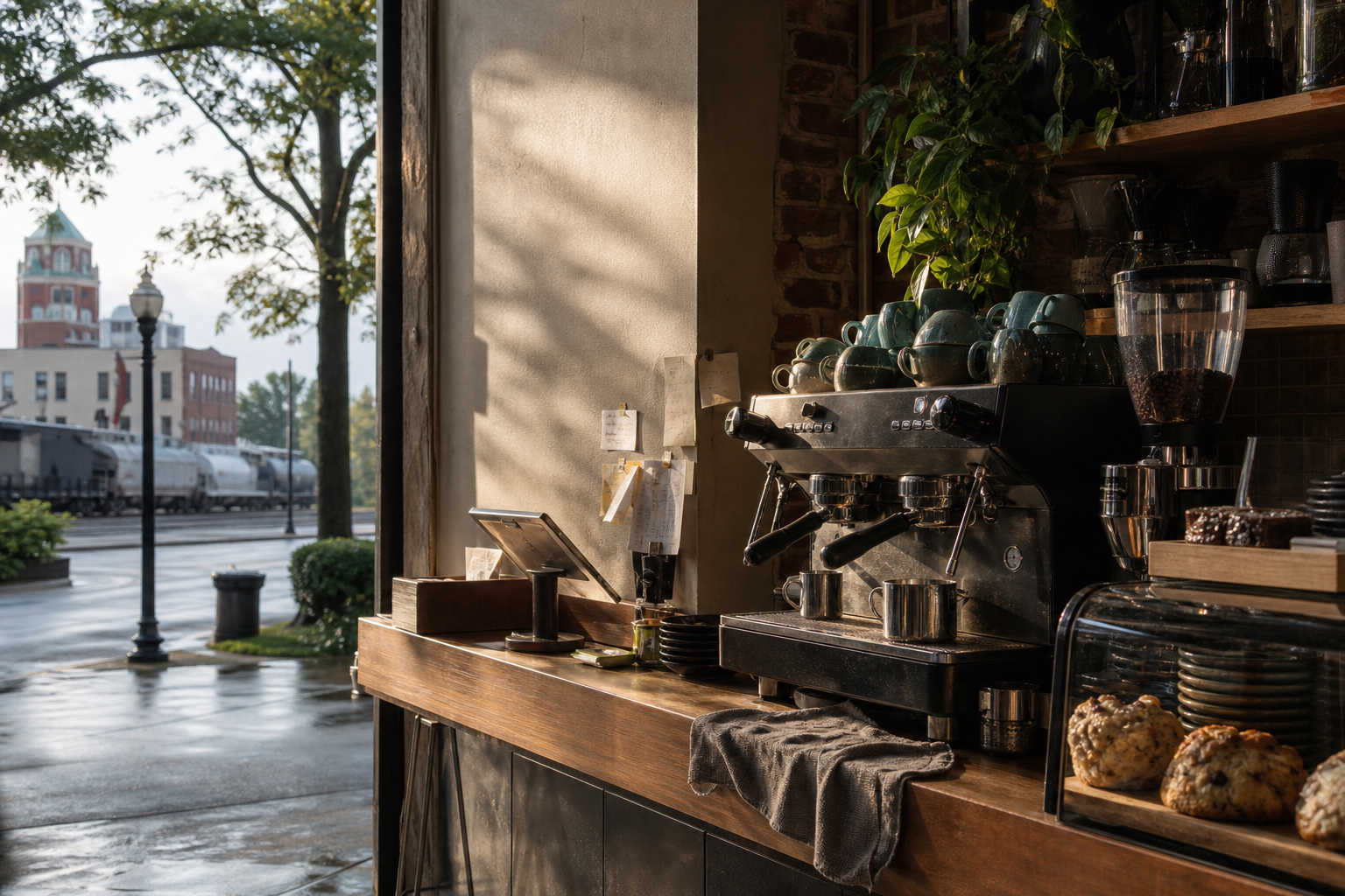Independent Meridian coffee shop interior with humid Southern morning light, chemex pour-over in the corner