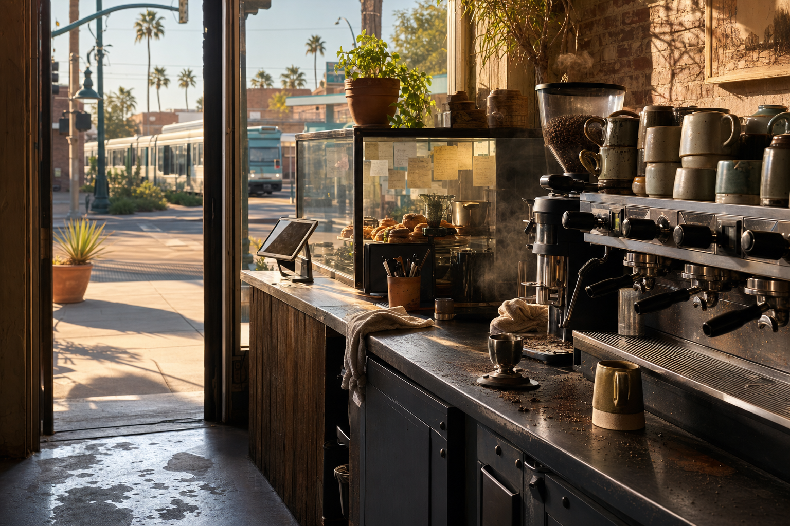 Independent Mesa coffee shop interior with warm desert morning light, drip station in the middle distance