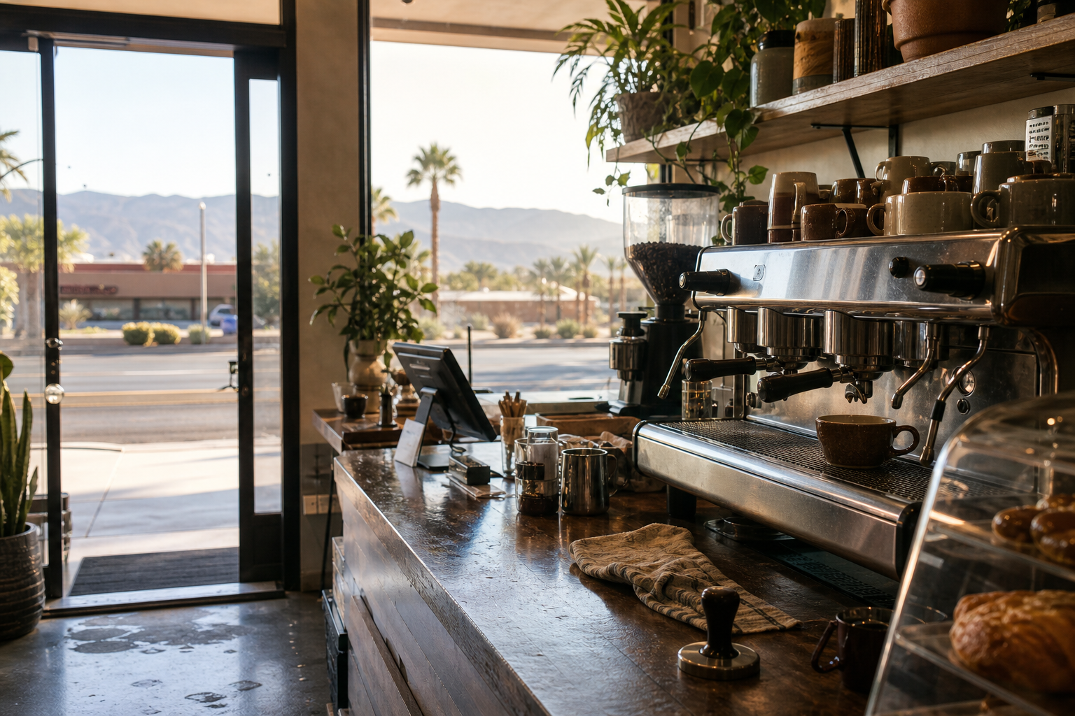 Independent Mesquite coffee shop interior with warm desert morning light, espresso machine in the middle distance