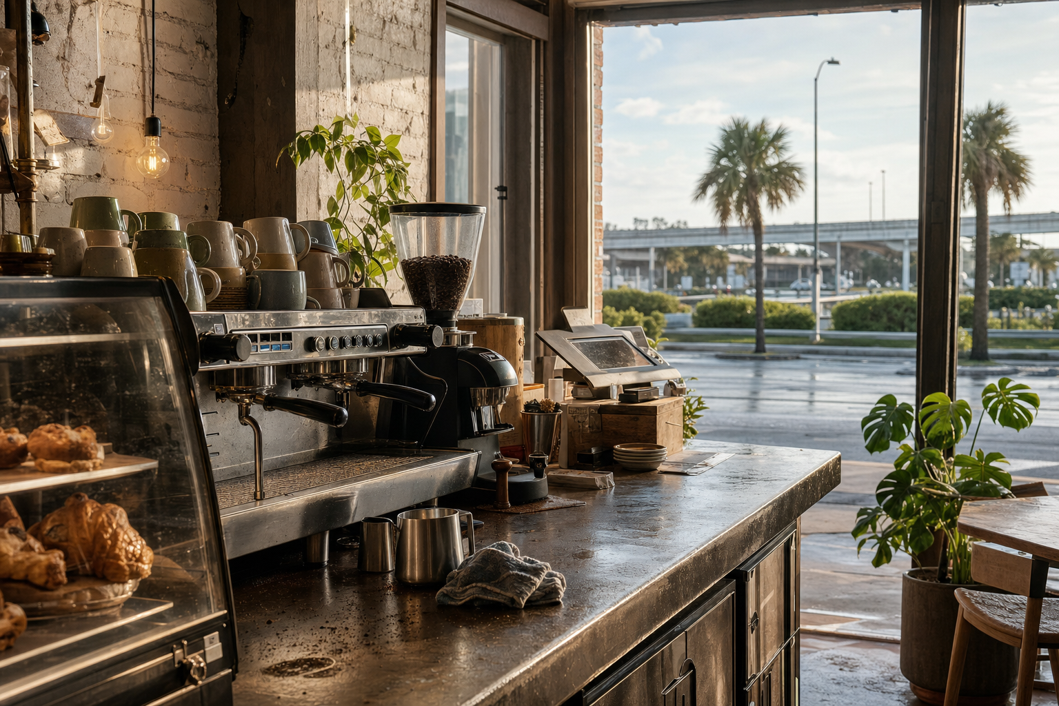 Independent Metairie coffee shop interior with humid Gulf morning light, chemex pour-over in the foreground