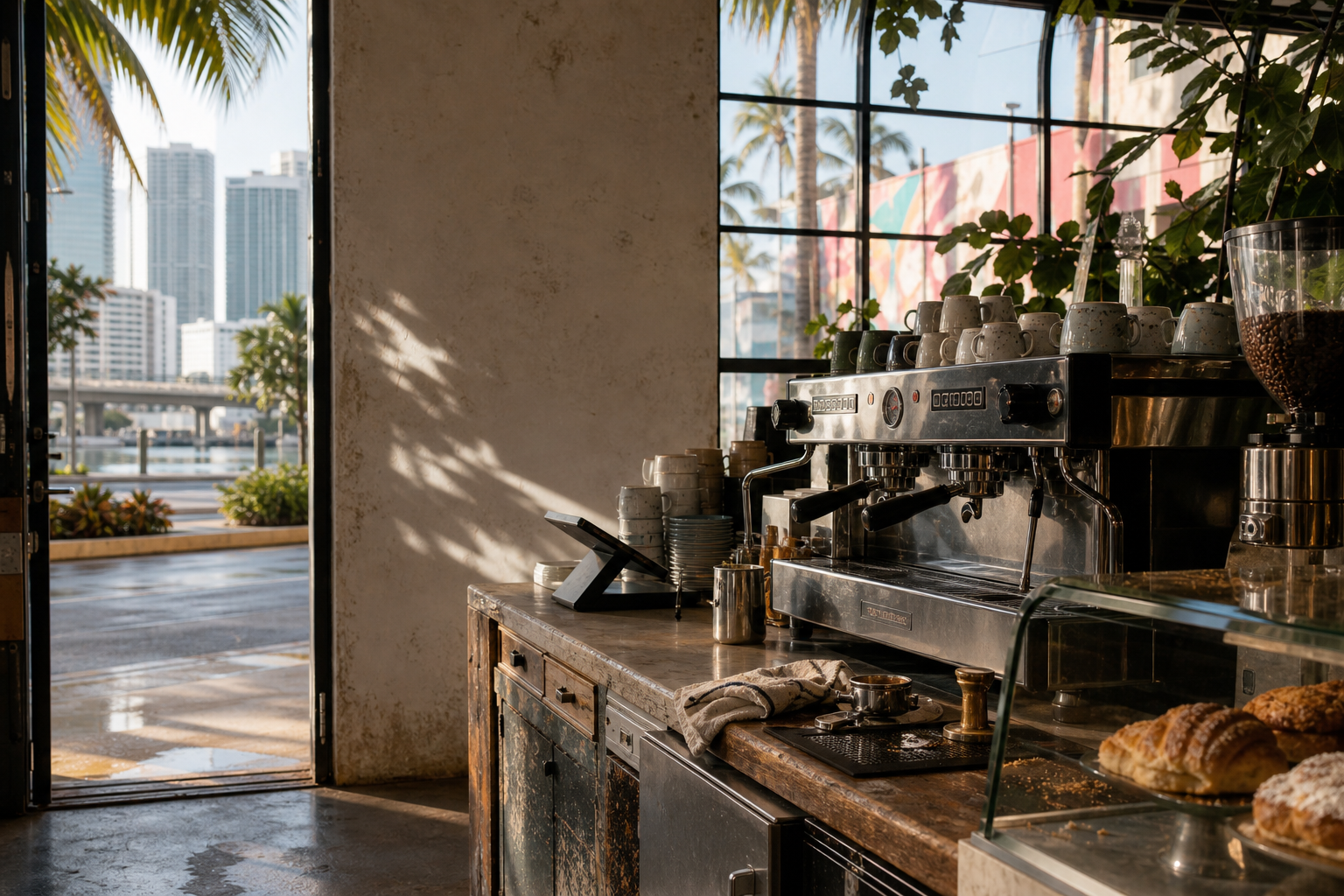 Independent Miami coffee shop interior with Gulf-light morning, drip station in the corner