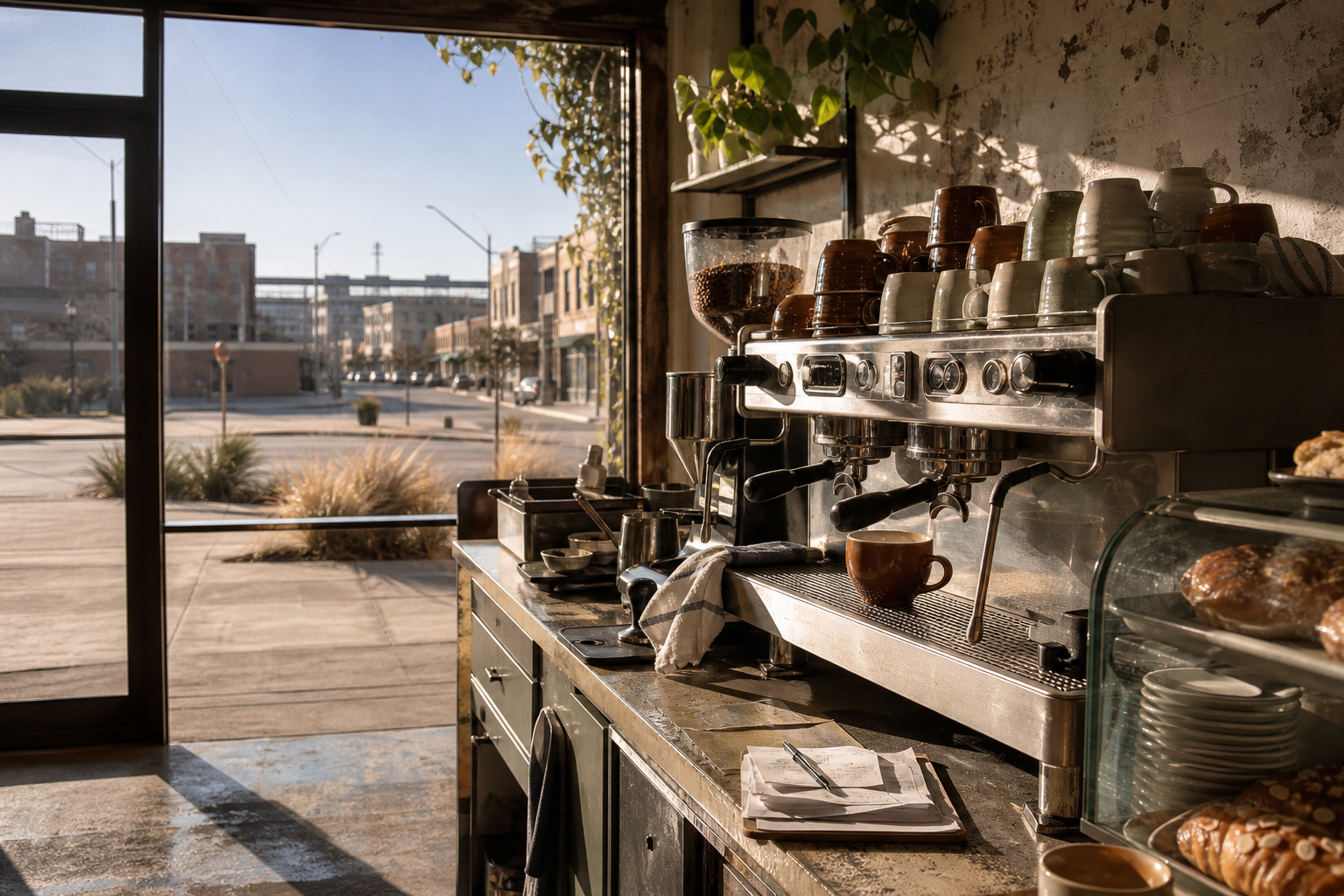 Independent Midland coffee shop interior with Hill Country morning light, chemex pour-over in the foreground