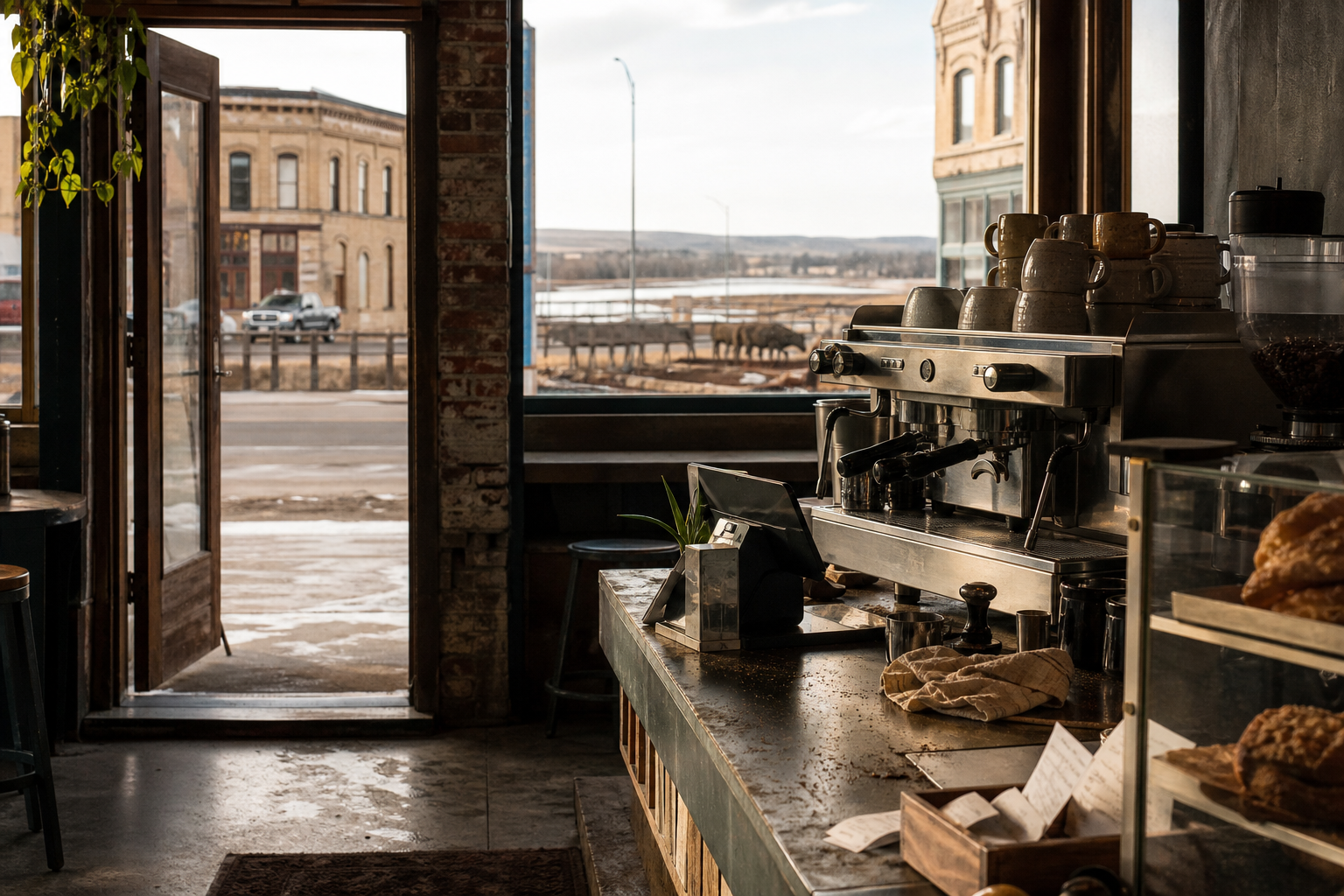 Independent Miles City coffee shop interior with Rocky Mountain morning light, pastry case in the corner