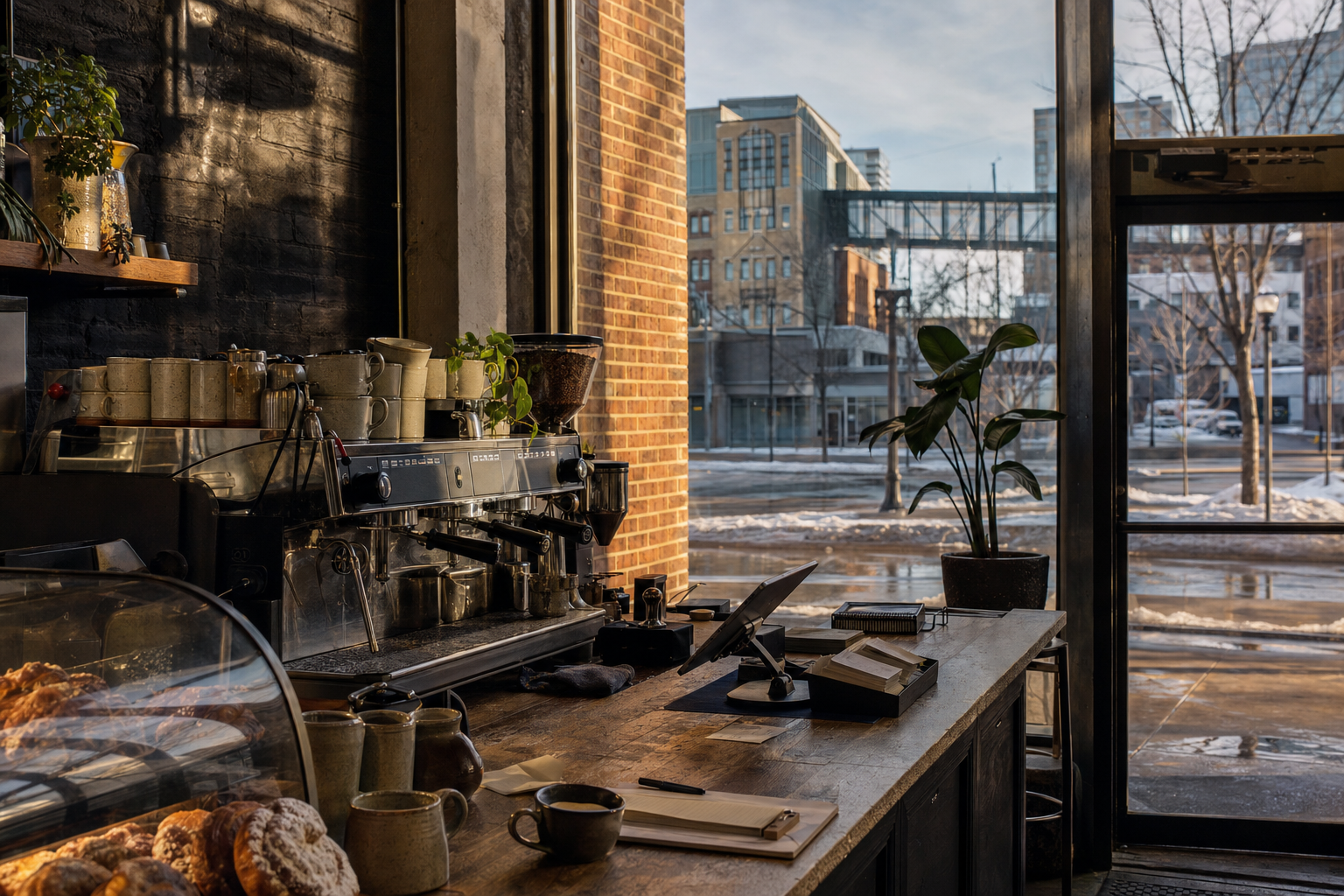 Independent Minneapolis coffee shop interior with Midwest hardwood morning light, chemex pour-over in the foreground