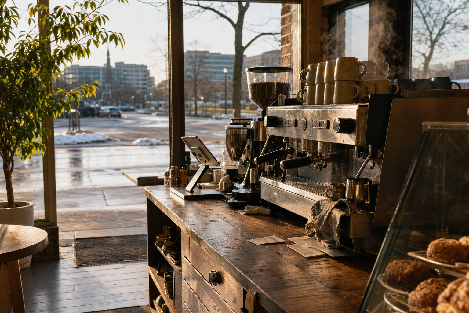 Independent Minnetonka coffee shop interior with Midwest hardwood morning light, drip station in the foreground
