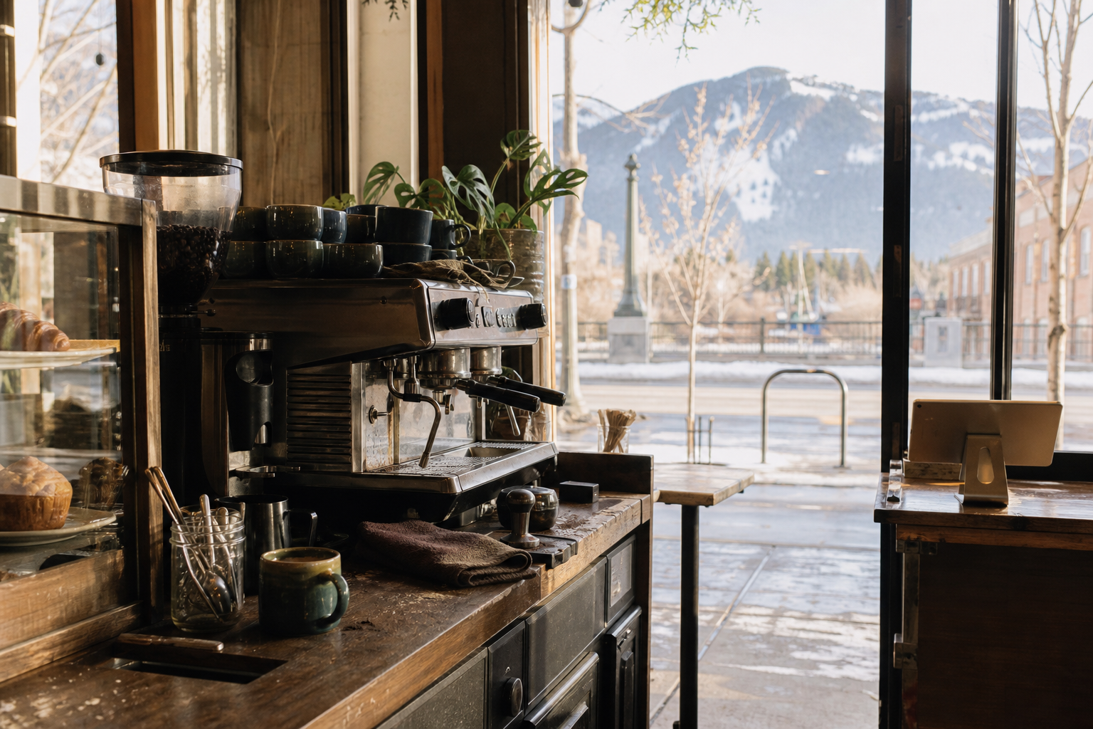 Independent Missoula coffee shop interior with Rocky Mountain morning light, pastry case in the middle distance