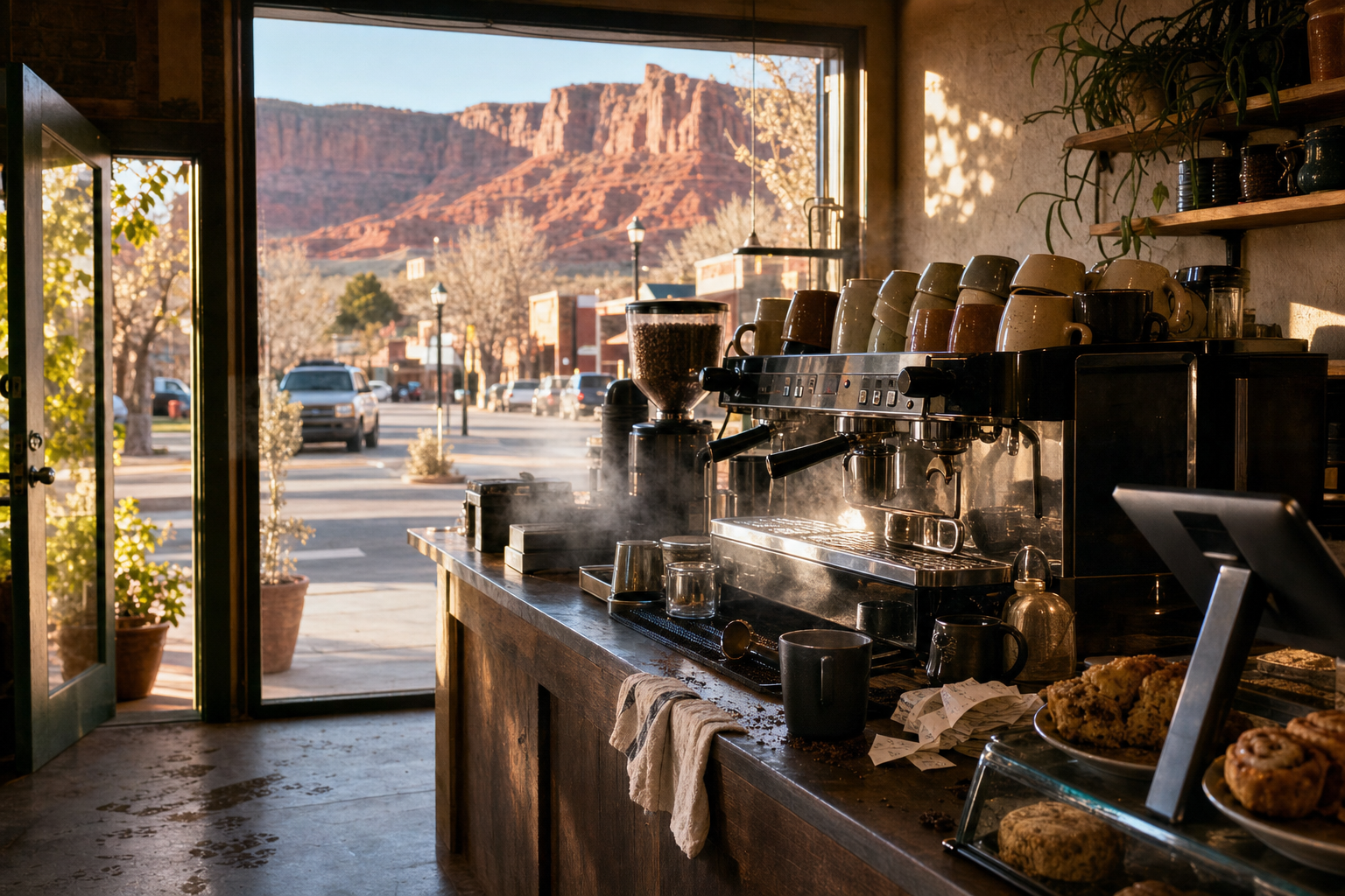 Independent Moab coffee shop interior with warm desert morning light, chemex pour-over in the foreground