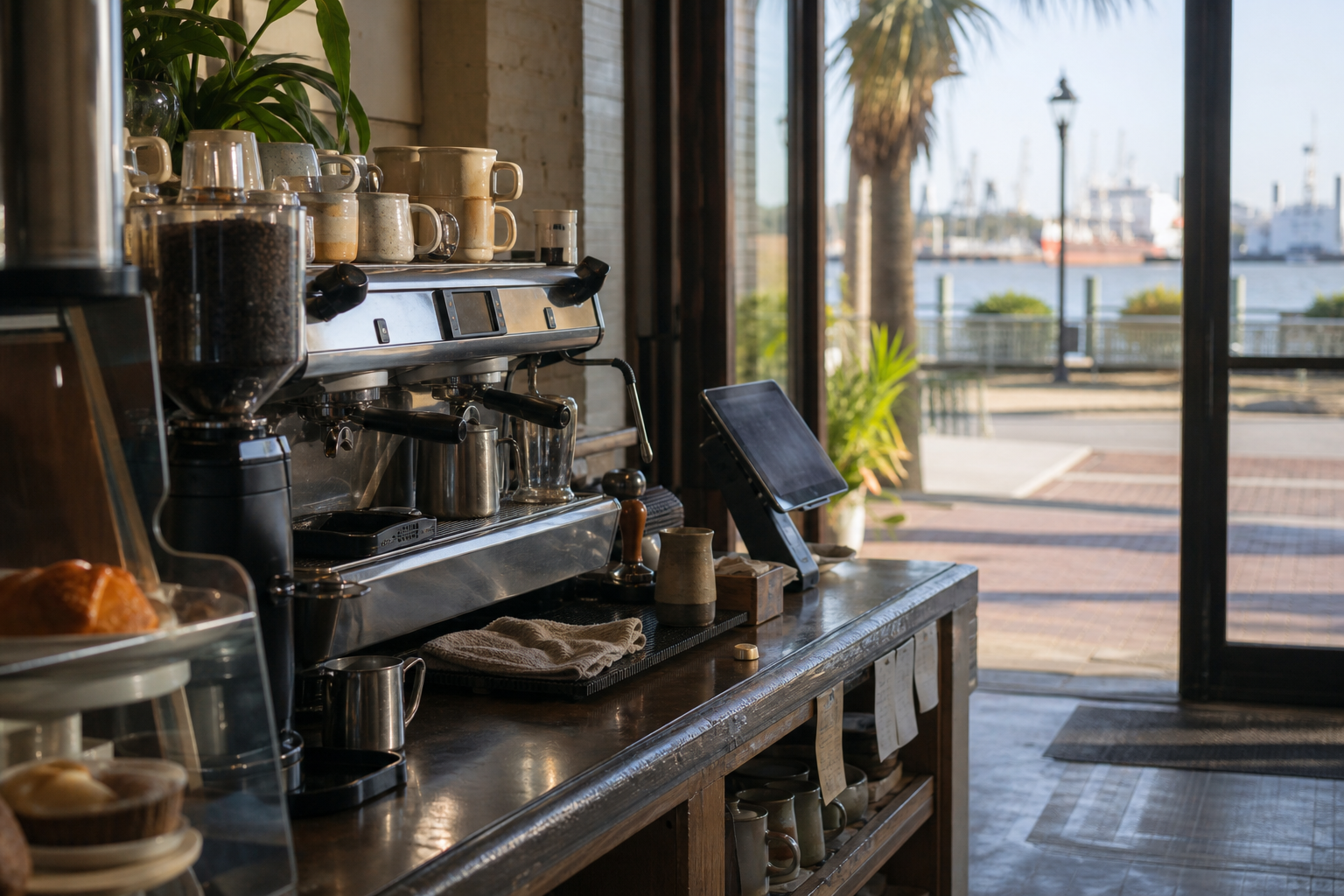 Independent Mobile coffee shop interior with humid Southern morning light, drip station in the corner