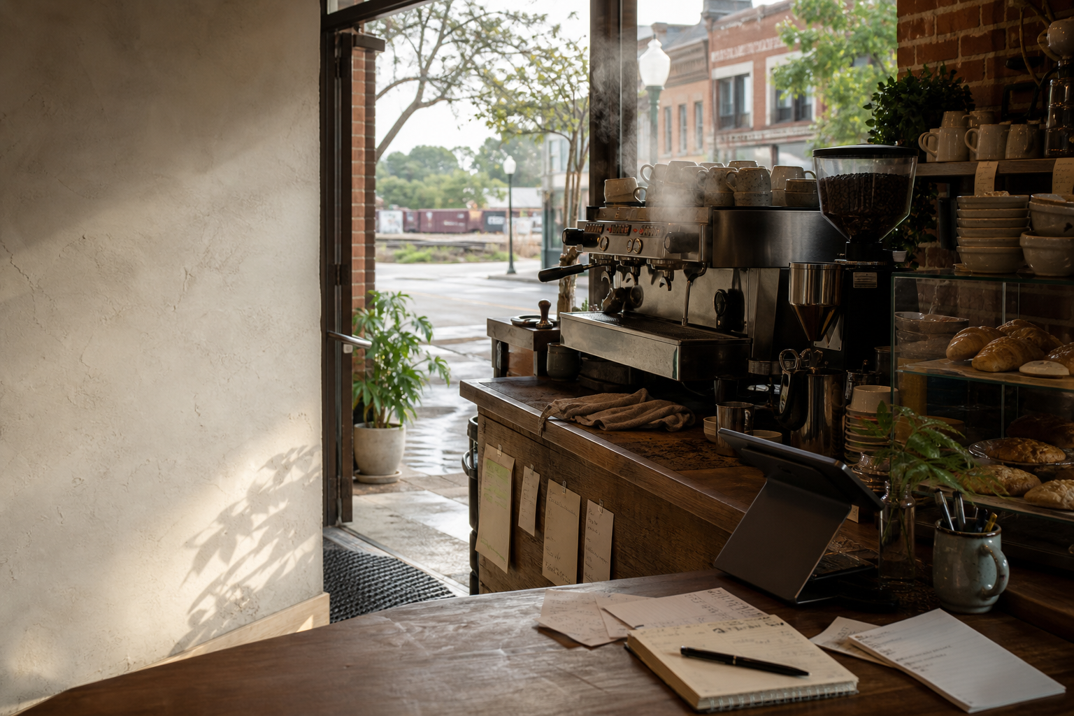 Independent Monroe coffee shop interior with humid Gulf morning light, espresso machine in the corner