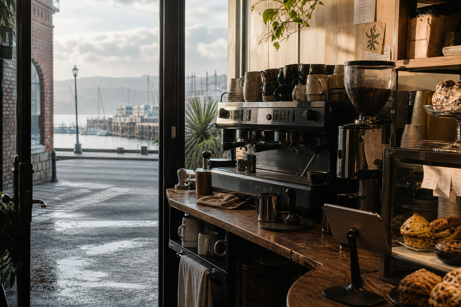 Monterey coffee shop interior with CA morning light around the espresso bar.
