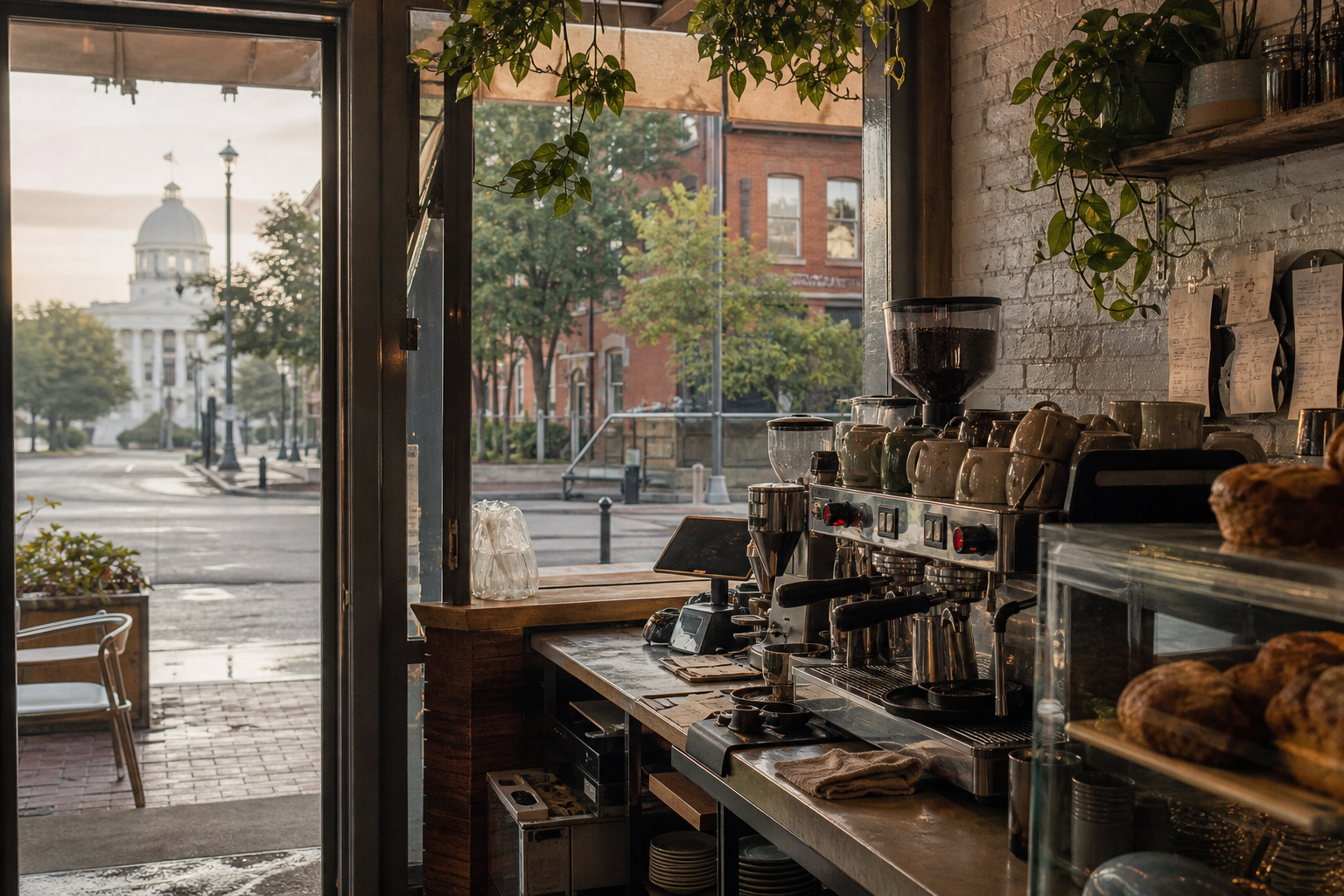 Independent Montgomery coffee shop interior with humid Southern morning light, pastry case in the corner