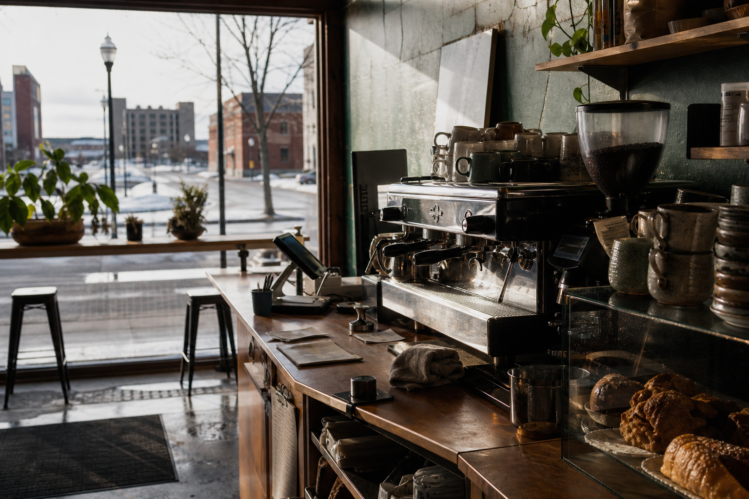 Independent Moorhead coffee shop interior with Midwest hardwood morning light, espresso machine in the foreground