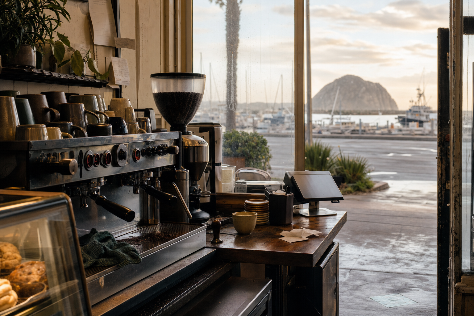 Independent Morro Bay coffee shop interior with Pacific morning light, pastry case in the foreground