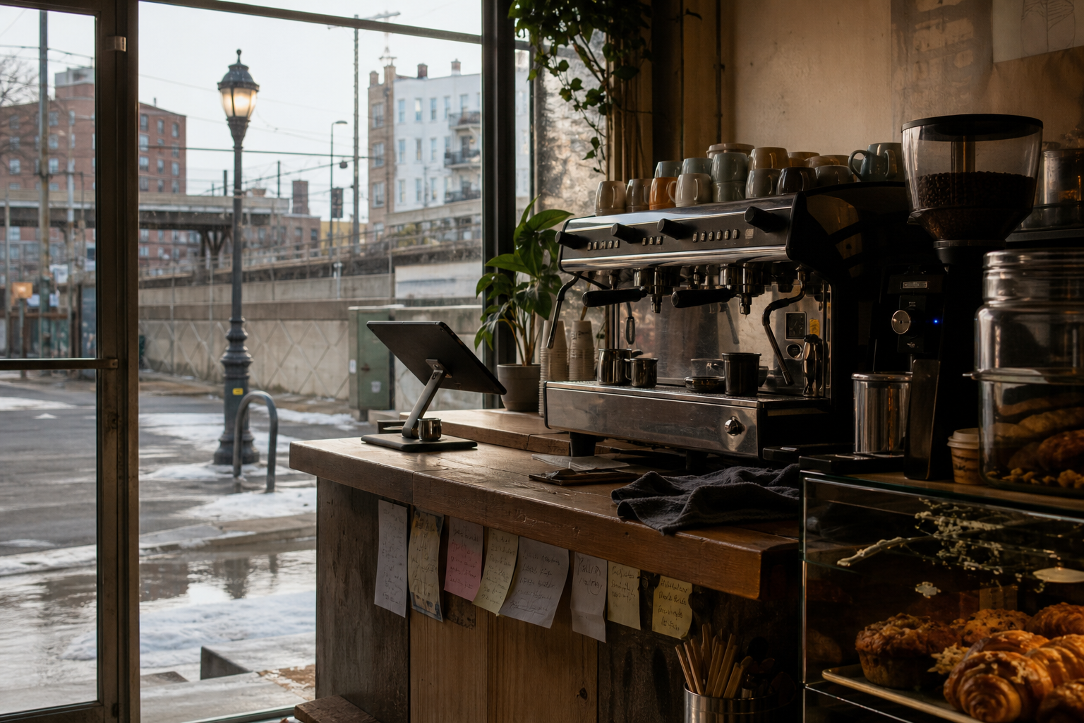 Mount Vernon coffee shop interior with NY morning light around the espresso bar.