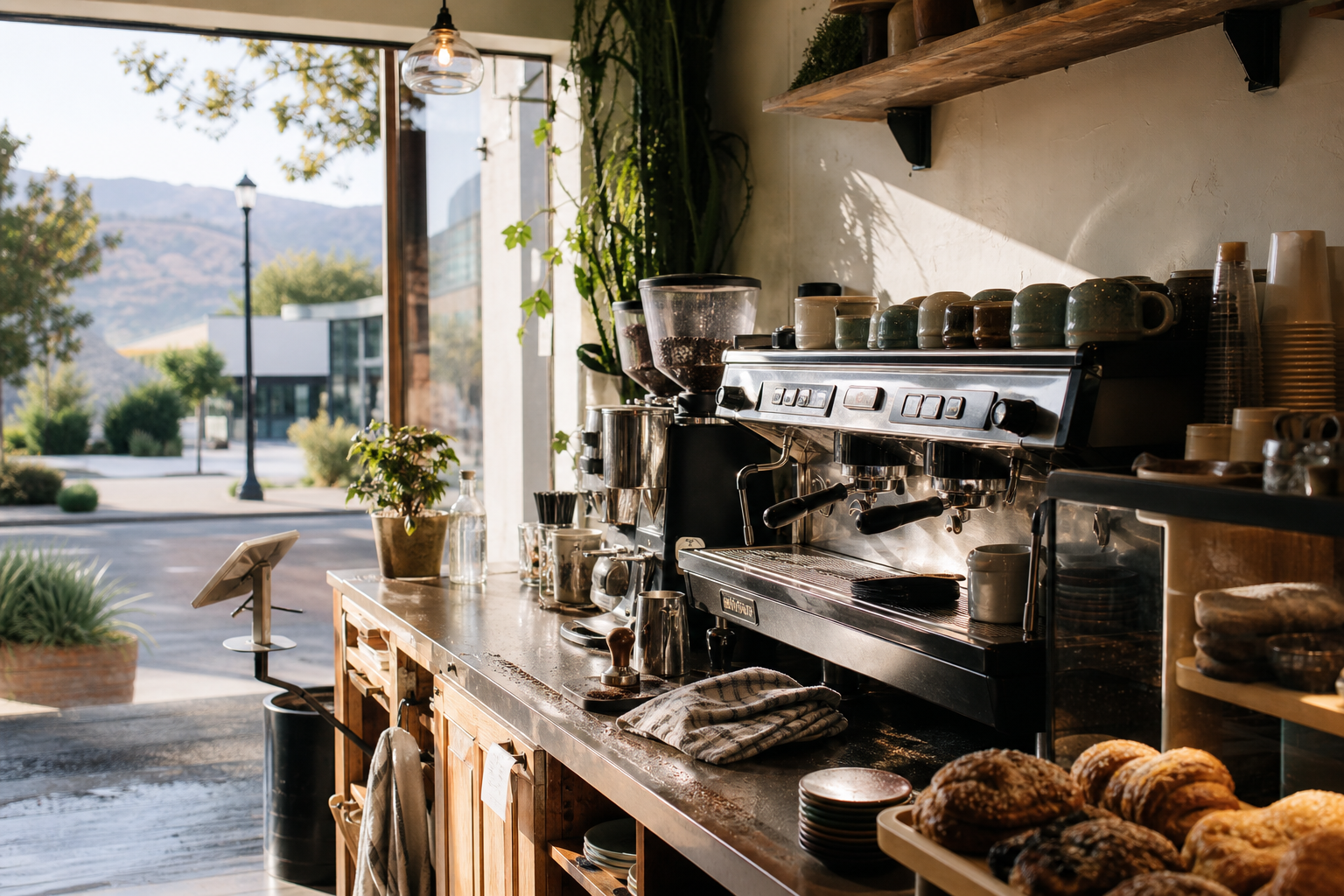 Mountain View coffee shop interior with CA morning light around the espresso bar.