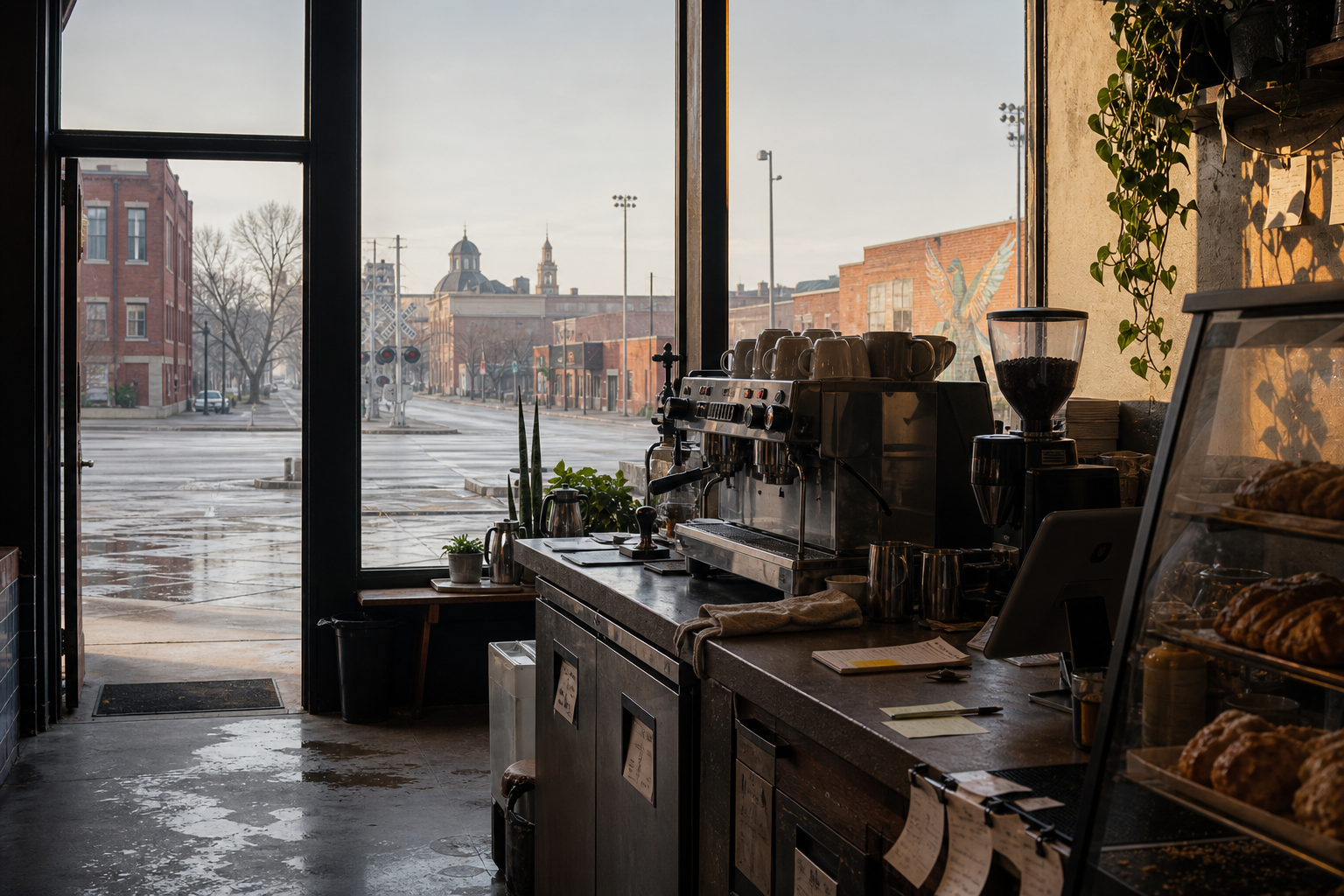 Muncie coffee shop interior with IN morning light around the espresso bar.