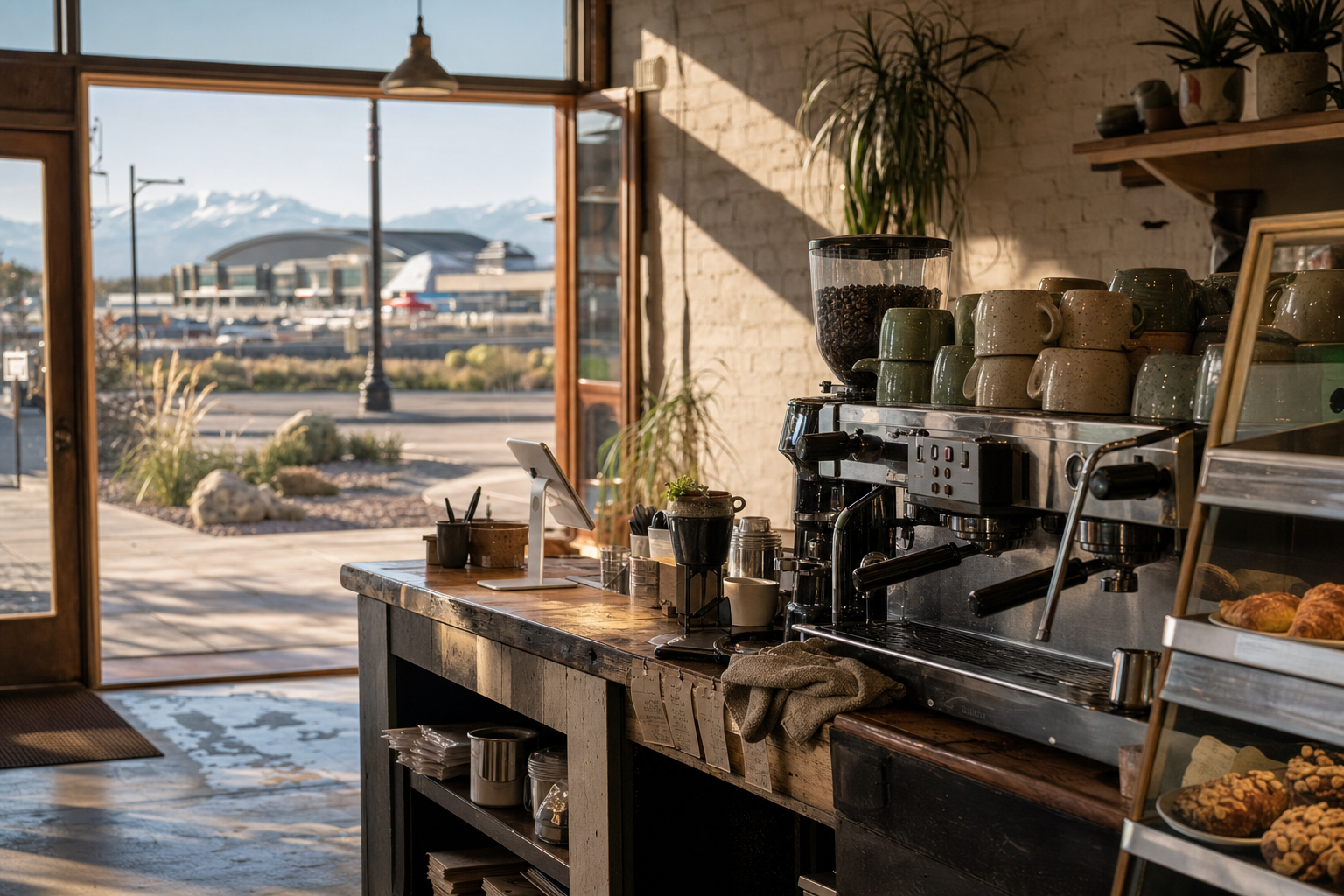 Nampa coffee shop interior with ID morning light around the espresso bar.
