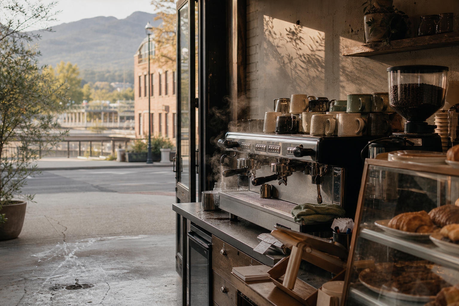 Napa coffee shop interior with CA morning light around the espresso bar.