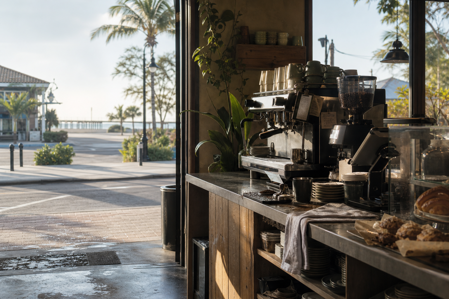Naples coffee shop interior with FL morning light around the espresso bar.
