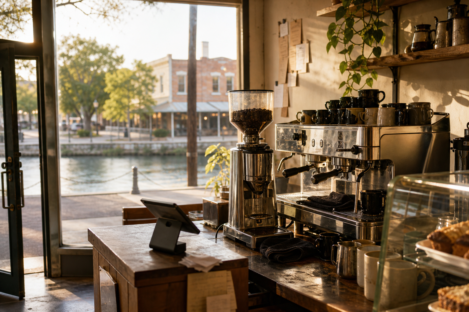 New Braunfels coffee shop interior with TX morning light around the espresso bar.