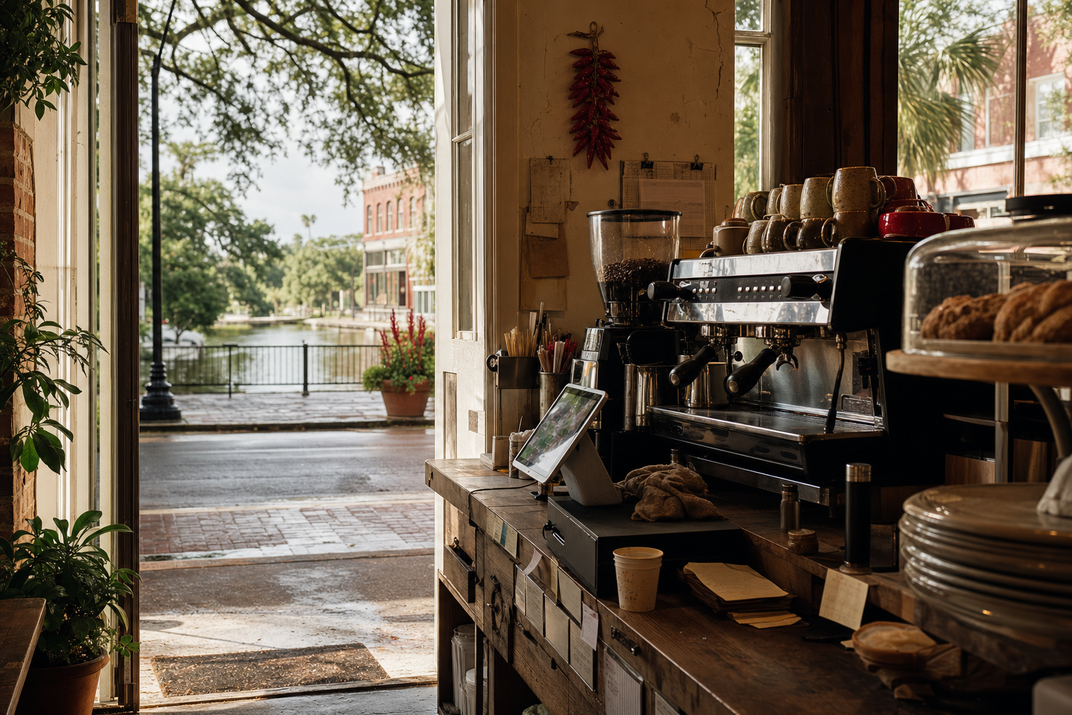New Iberia coffee shop interior with LA morning light around the espresso bar.