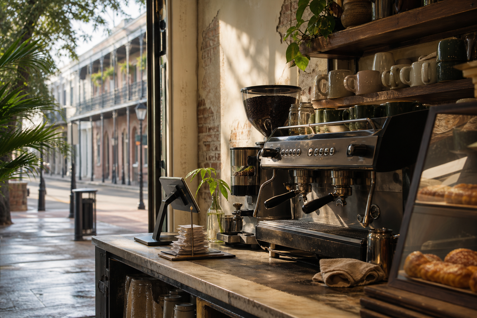 New Orleans coffee shop interior with LA morning light around the espresso bar.