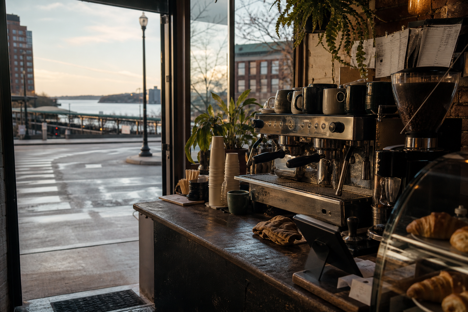 New Rochelle coffee shop interior with NY morning light around the espresso bar.