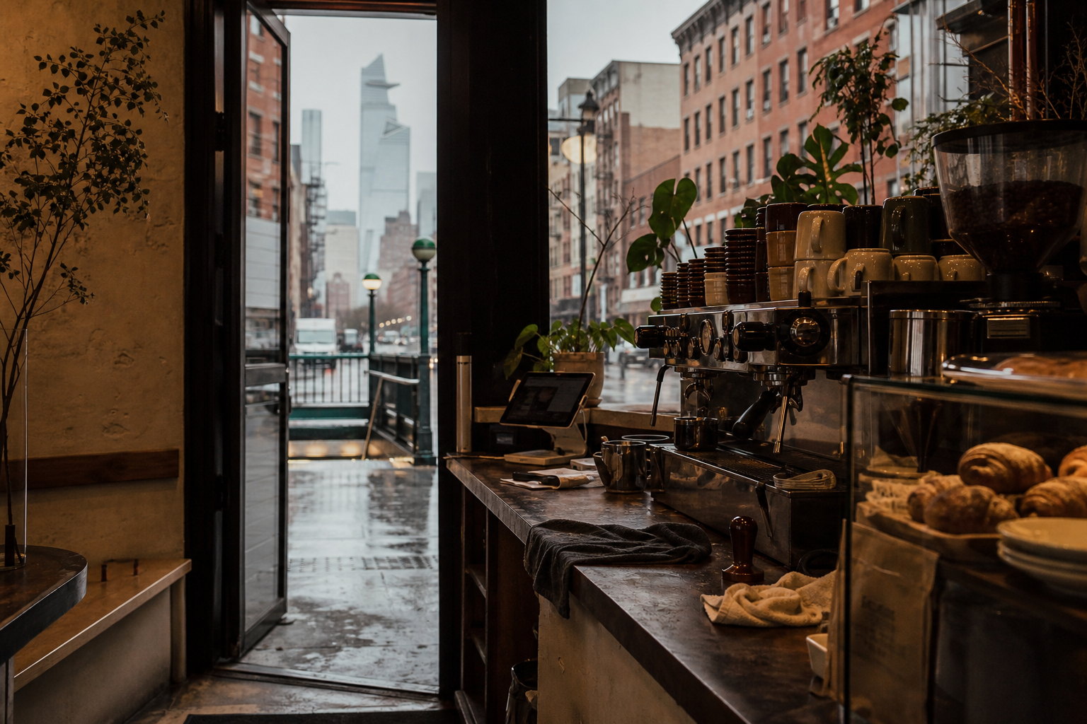 New York coffee shop interior with NY morning light around the espresso bar.