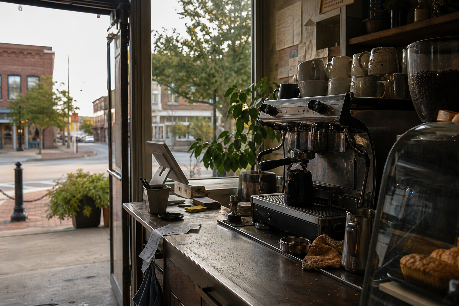 Newnan coffee shop interior with GA morning light around the espresso bar.