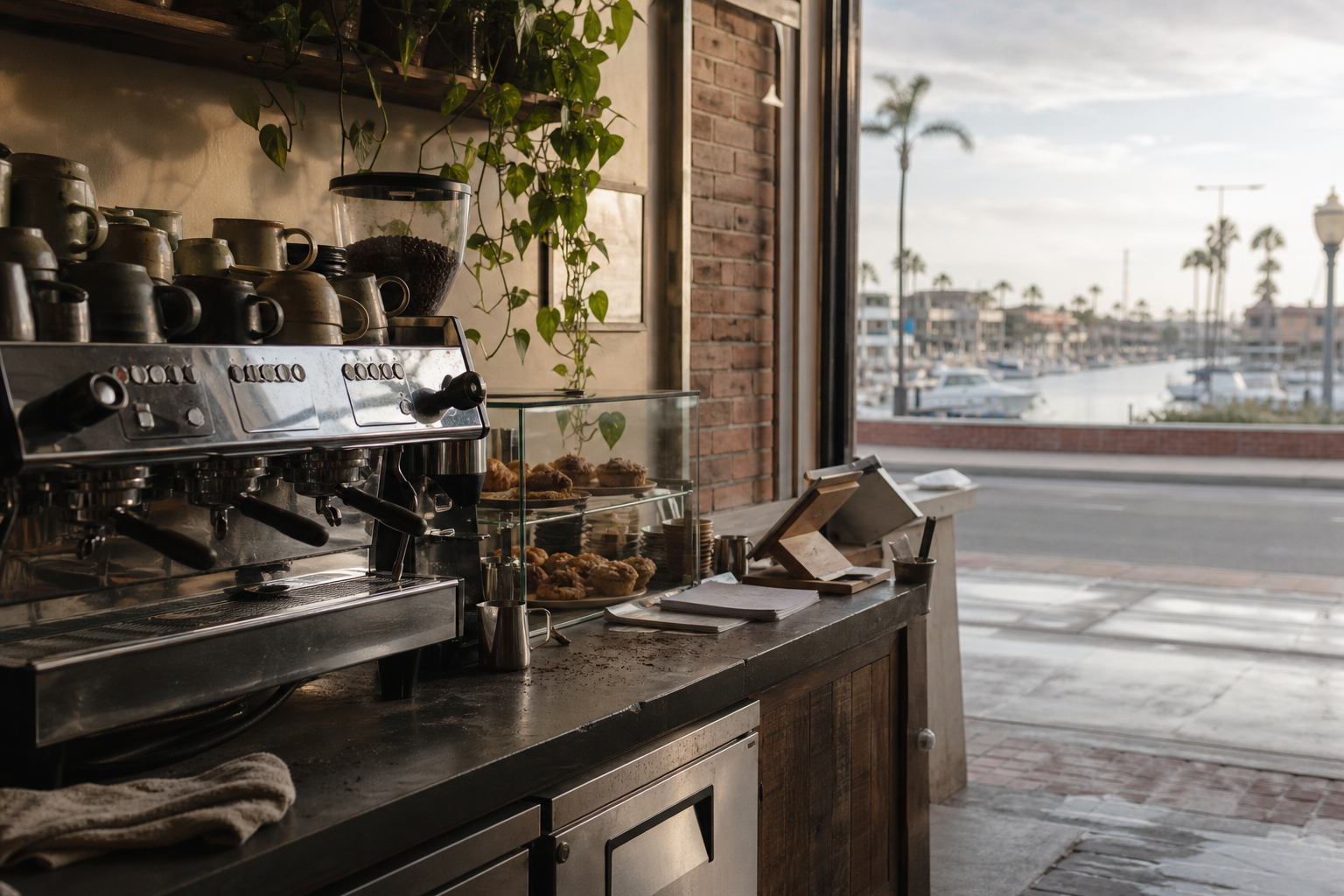 Newport Beach coffee shop interior with CA morning light around the espresso bar.