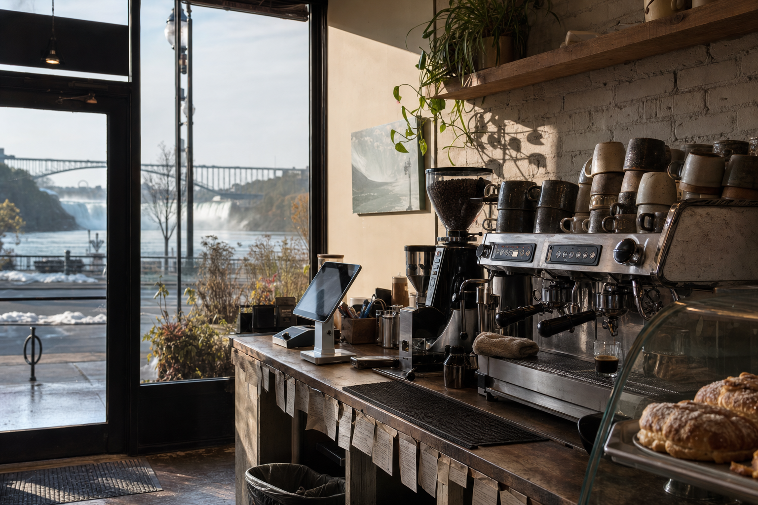 Niagara Falls coffee shop interior with NY morning light around the espresso bar.