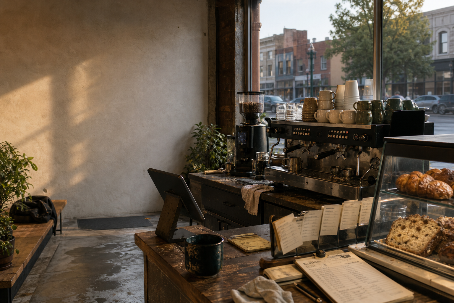 Noblesville coffee shop interior with IN morning light around the espresso bar.
